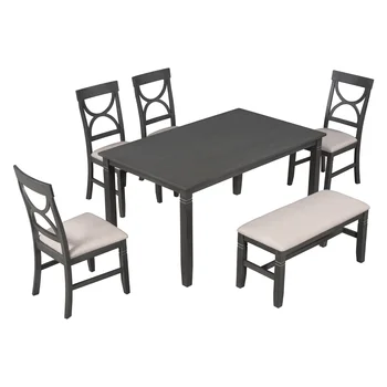 Обеденный стол из дерева, состоящий из 6 частей, Кухонный стол с Мягкой скамейкой и 4 Обеденными стульями, Фермерский стиль, Серый